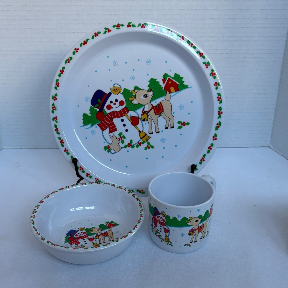 Christmas Snowman Reindeer Child Plate‎ Bowl Mug Set Vintage Holiday